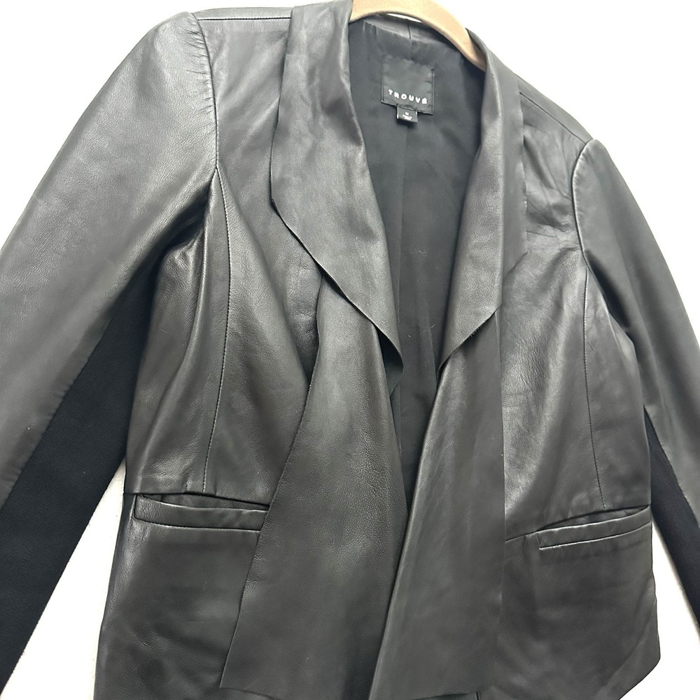 Trouve‎ Raw Edge M Medium Black Soft Leather Moto Jacket Waterfall Open Front - Picture 2 of 12